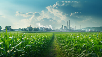 corn field with an ethanol plant. ai generative - obrazy, fototapety, plakaty
