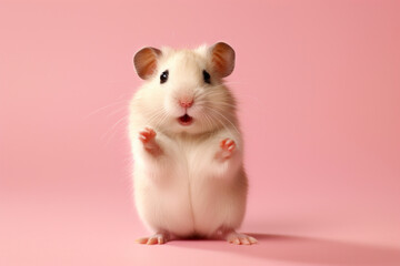 A pretty hamster looks sideways, pointing its paw upwards on a light pink background