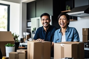 An Asian couple happily unpacks in their new kitchen, symbolizing joy and togetherness in their domestic space.