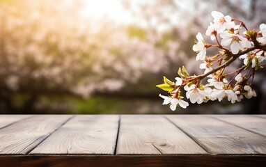 Empty wooden table, display with spring nature theme background. Beautiful blooming cherry branches. Copy space for product presentation, showcase.