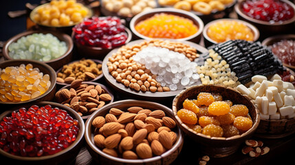 Chinese desserts, snack mixes, nuts, candies, sweets, sugar, chopped nuts, sesame seeds, shelled beans. ai generative