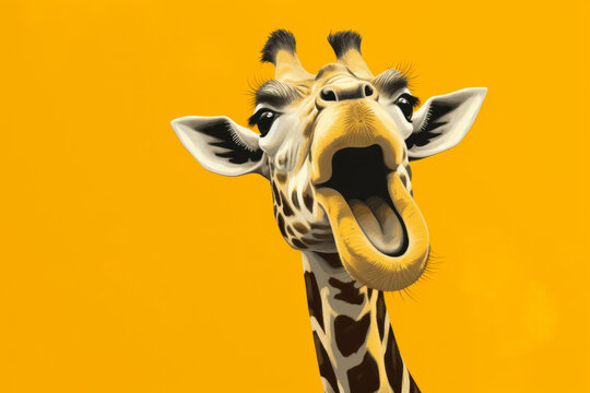 Surprised giraffe, with a long neck, looks upwards, gesturing with its paw. Background: solid mustard yellow