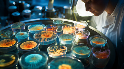 In a well-equipped laboratory, a scientist meticulously examines a Petri dish filled with agar and diverse bacterial colonies