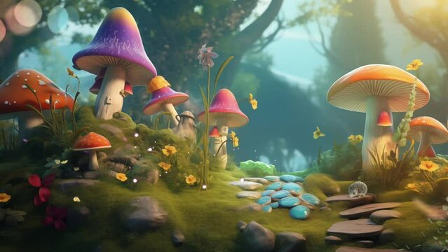 Fairyland Fantasy forest and mushroom cartoon animation, moving video looping 4k. Scene for the story telling. Generate with AI