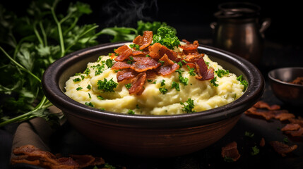 Fototapeta na wymiar dish of mashed potatoes with bacon and parsley in a brown bowl. ai generative