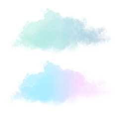 Blue Watercolor Stains. Delicate Abstract Watercolor Splatter. Mint Blue and Blue-Pink Paint Stains. No Background. Gradient Irregular Stains and Splatter Print. Colorful Smoke.