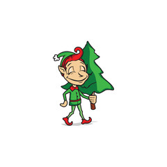 Vector illustration of a Christmas elf with gifts isolated on white background.