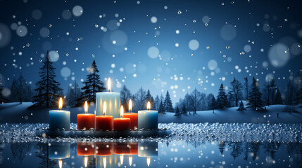 Christmas candles in winter forest, Christmas trees forest on blue glittering sky background, Christmas and winter, season greeting concept