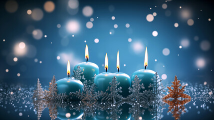 Christmas decorated blue candles and snowflakes, crystal on blue glittering sky background, Christmas and winter, season greeting concept
