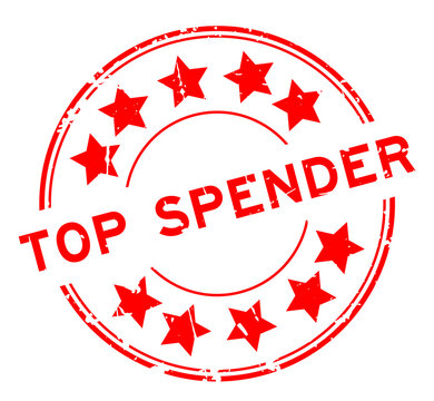 Grunge red top spender word with star icon round rubber seal stamp on white background