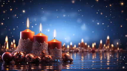 Christmas decorated red candles and ornaments on blue glittering sky background, Christmas and winter, season greeting concept