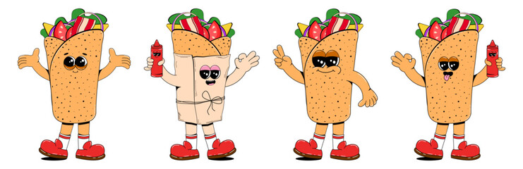Set of burrito characters in retro cartoon style. Vector illustration of street food, fast food mascots.