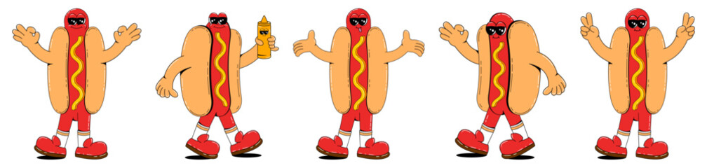 Set of hot dogs characters in retro cartoon style. Fast food mascot vector illustration.