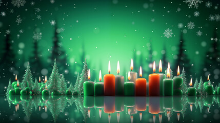 Christmas candles, ornaments, Christmas trees on green glittering sky background, grinch color, Christmas and winter, season greeting concept