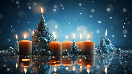 Red candles, ornaments, Christmas trees on glittering sky , snow frosts background, Christmas and winter, season greeting concept