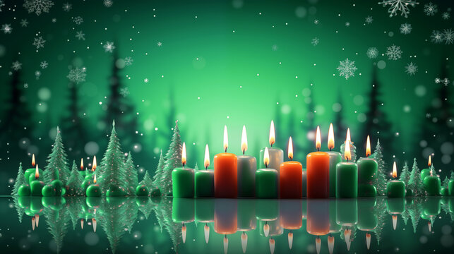Christmas candles, ornaments, Christmas trees on green glittering sky background, grinch color, Christmas and winter, season greeting concept