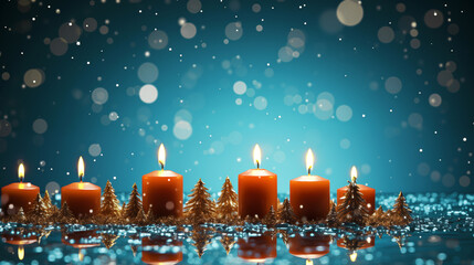 Candles and and Christmas trees on snowy ground with blue starry night sky and snow frost,...