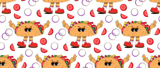 Seamless pattern with taco character in retro cartoon style. Abstract repeating background for restaurant menus, fast food cafes.