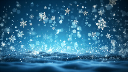 Glittering Christmas background with snow flakes, shimmering, starry sky, blue color