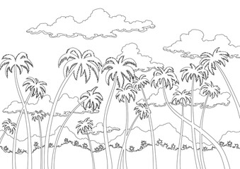 California sunset landscape in coloring style. Coast wallpaper with silhouette palm trees. Nature panorama of scenic sky, tropical forest and mountains.  illustration