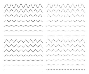 Editable stroke wave and zigzag line. Outline wavy or zigzags collection. Outline sign border element kit. Page Decoration linear icon paper break, book decoration. Vector illustration