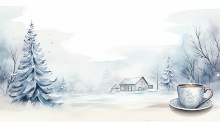 Fototapeta na wymiar Watercolor winter snowy landscape