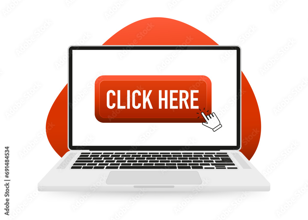 Poster laptop icon with hand pointer or mouse cursor booking online. touch here for link to websites. touch