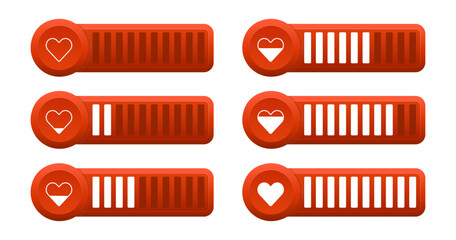 Meters with Heart Shapes for Love Meter, Health Points in Computer Game, Stamina, Blood Pressure, Cardio Concepts. Passion measuring indicator. Heart symbol. Vector illustration - obrazy, fototapety, plakaty