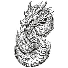 New Year Dragon Symbol Hand Drawn Sketch Illustration for 2024, black white isolated Vector ink outlines template for greeting card, poster, invitation, logo