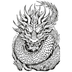 Illustrated Year Symbol Dragon Sketch for 2024 New Year Art, black white isolated Vector ink outlines template for greeting card, poster, invitation, logo