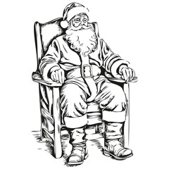 Santa Claus sits in a chair Father Christmas Vector Detailed Sketch in Black and White, Classic Illustration, black white isolated Vector ink outlines template for greeting card