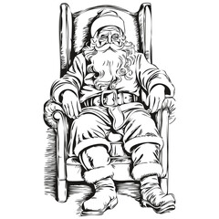 Fototapeta premium Santa Claus sits in a chair Isolated Logo Christmas Sketch in Ink with Detailed Outlines and Vintage Style, black white isolated Vector ink outlines template for greeting card
