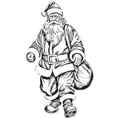 Santa Claus Sketch Illustration Detailed Father Christmas Drawing, Classic Style, black white isolated Vector ink outlines template for greeting card, invitation, drawing