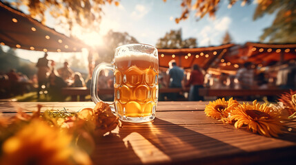 Oktoberfest Celebration. Beer Glass on Table, People drinking beer and having fun, tent interior. Munich, Germany, Festival Background, Wooden Table Counter in Pub, garden drinking summer early autum.