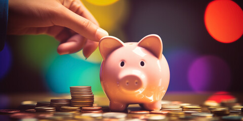 Hand placing money into a piggy bank. Concept of family savings and how to invest in the future with financial education. - obrazy, fototapety, plakaty