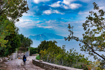 Seascape with view of the island of Capri from the Sorrento peninsula Punta Campanella Naples...