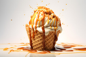 Waffle caramel ice cream cone - obrazy, fototapety, plakaty