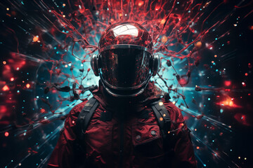  A man wearing a red space suit with a helmet and backpack stands in front of a colorful background