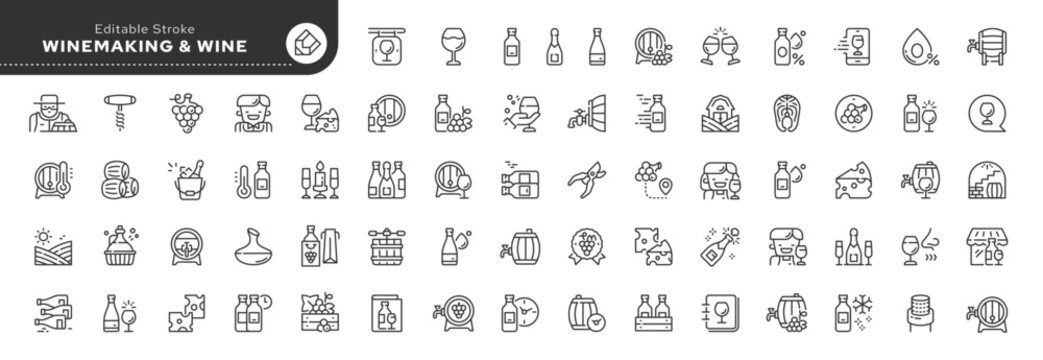 Set of line icons in linear style. Set - Wine and winemaking. Making wine from grapes. Bottled red and white wine and wine barrel. Outline icon collection. Pictogram and infographic. Editable stroke.