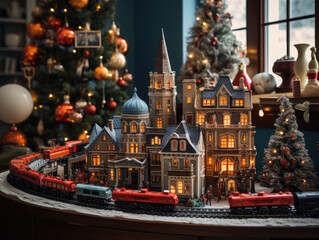 Miniature Christmas village set with toy train, Christmas trees