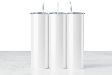 Three white 20 oz skinny tumblers on the table. Straight 20 oz tumbler for sublimation. Thermo mug. 3d rendering