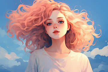 Fototapeta premium Young girl with loose, curly peach-colored hair on a blue sky background, summer illustration