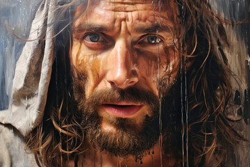 Jesus, savior, healer, wearing a crown of thorns, bloody and beaten, Easter Sunday Morning.