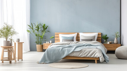 Fototapeta premium Cozy bedroom interior in Scandinavian style, large bed, beige bed linen, home decor. Sample.