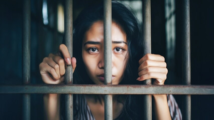 The woman ran into prison bars in horror. The pain and suffering of a person imprisoned for a crime. - obrazy, fototapety, plakaty