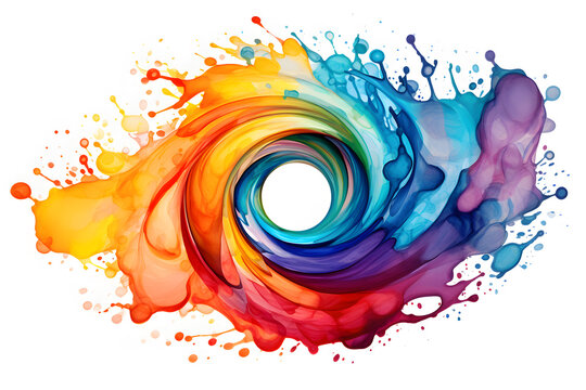Rainbow colors circle swirl watercolor illustration isolated on white background. Dynamic spiral composed abstract shape