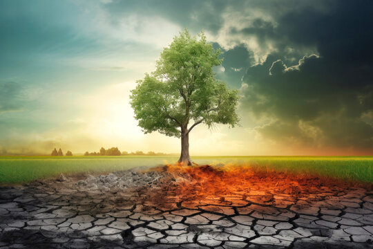 Environmental and global warming concepts. Live and dead big A Tree. Soil erosion. Ecology. Deforestation.