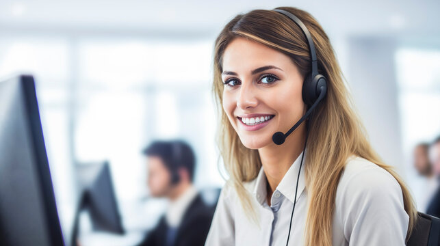 Confident female customer support representative with headset at computer in modern office.