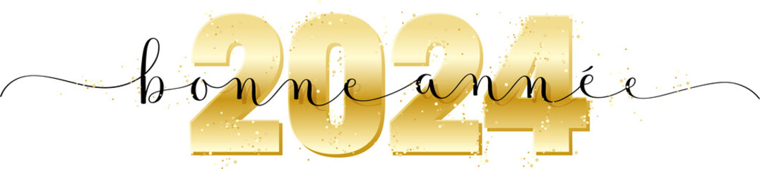 BONNE ANNEE 2024 (HAPPY NEW YEAR 2024 in French) metallic gold brush calligraphy banner with gold confetti on transparent background