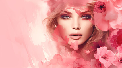 Enchanting Portrait of a Young Woman Adorned with Flowers, Radiating Romantic Pink Hues, Empty Space for Text, Ideal for Greeting Cards or Backgrounds Evoking Tender Sentiments